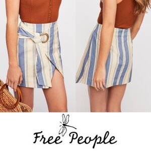 Free People Blue White Tuscan Tie Waist Wrap Linen Blend Mini Skirt Size 4